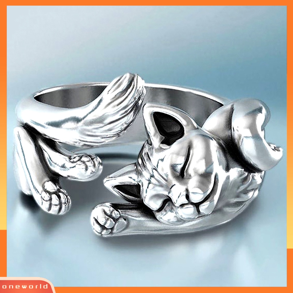 OW Vintage Unisex Sleeping Cats Silver Plated Opening Finger Ring Jewelry Gift