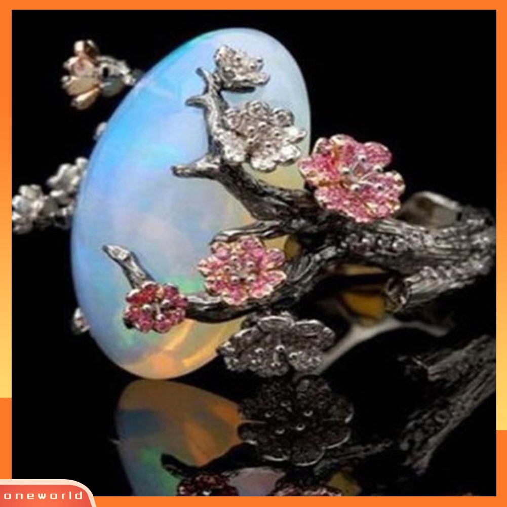 {oneworld} Vintage Wanita Imitasi Opal Plum Blossom Bunga Two Tone Jari Cincin Perhiasan Hadiah