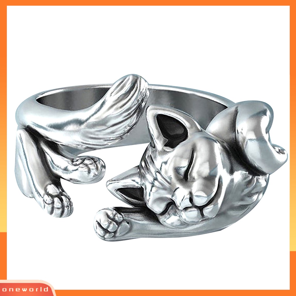 OW Vintage Unisex Sleeping Cats Silver Plated Opening Finger Ring Jewelry Gift