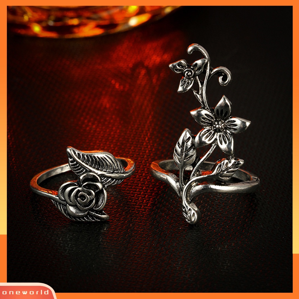 {oneworld} Vintage Flowers s Daun Jari Cincin Set Wanita Pesona Perhiasan Dekorasi