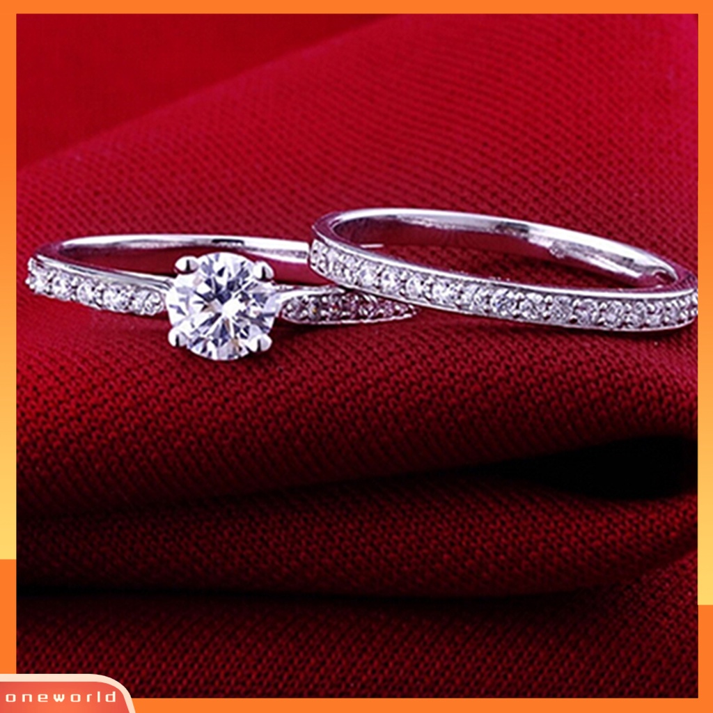 {oneworld} 2pcs/set Cincin Shiny Cubic Zirconia Plated Silver Cincin Jari Pasangan Romantis Untuk Pernikahan