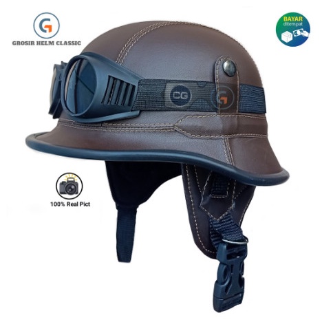 Helm Retro Nazi Coklat Kombinasi Kacamata/Helm Retro Kulit/Helm Kulit/
