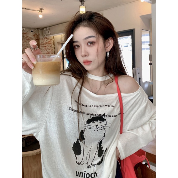 Red Kucing Amerika off-the-shoulder T-shirt wanita musim panas baru lengan panjang bawah hilang longgar tabir surya kemeja one-shoulder top