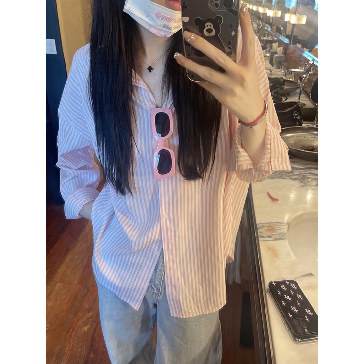 Red Jaket kemeja bergaris merah muda wanita musim panas biru lengan panjang tabir surya kemeja cardigan pakaian luar rasa ceruk atas