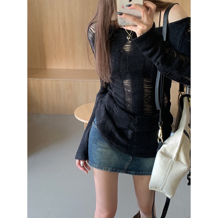 Red Blus sweter rajut berongga hijau tanpa tali musim panas Desain Prancis sweater lengan panjang babes atasan satu bahu wanita