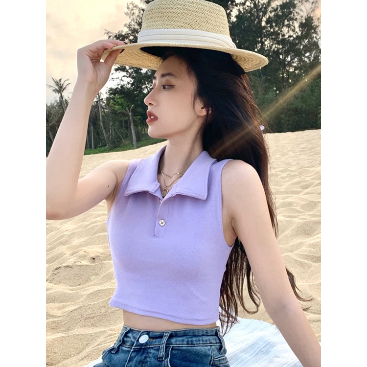 Red Hot girl POLO kerah gantung leher kamisol wanita musim panas baru dalam dan luar memakai slim putih pendek bottoming top