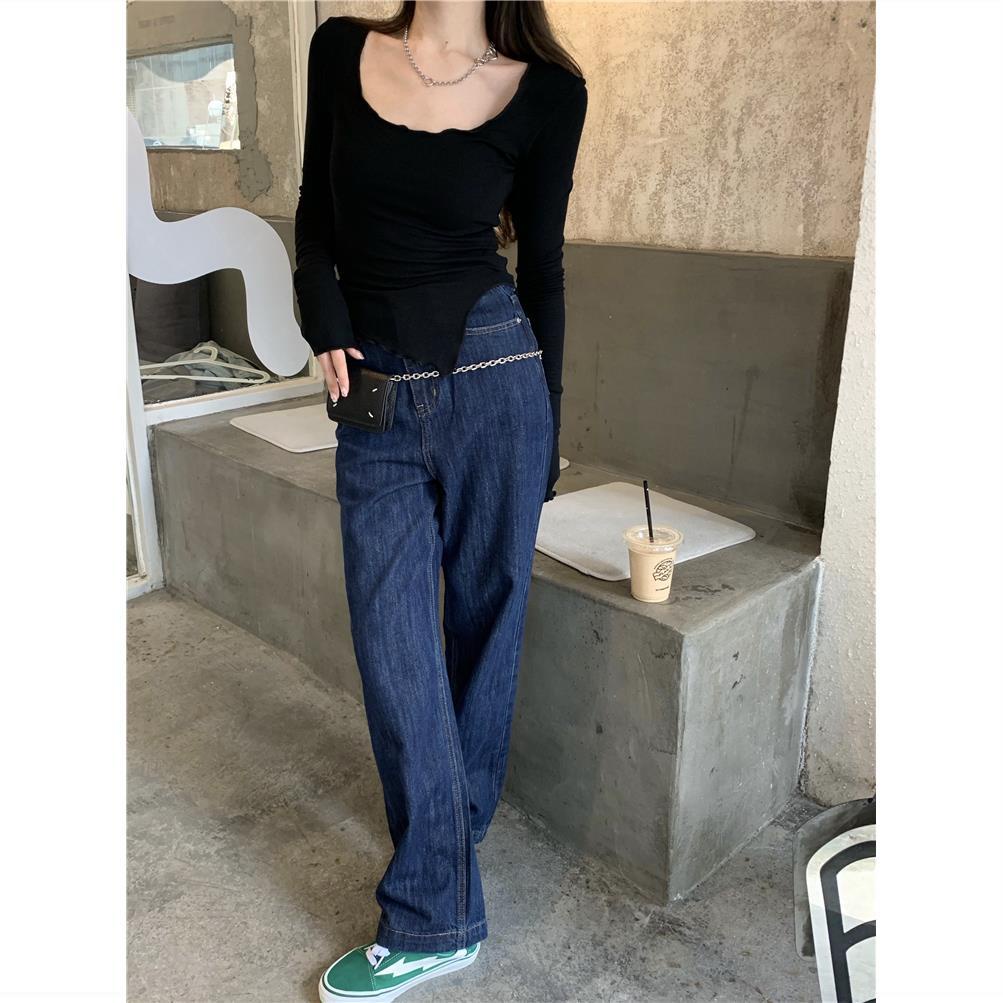 Red 2021 Musim Gugur Baru Rajutan Kemeja Wanita Hitam Slim Dalam Lengan Panjang Leher Bulat Ketat T-shirt Top