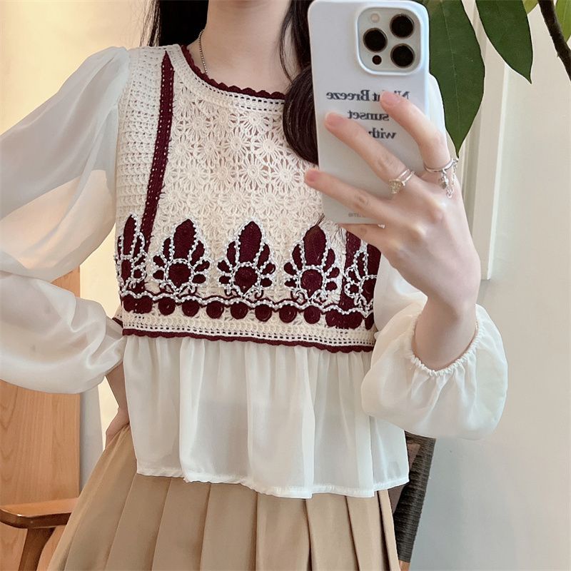 Red Puff sleeve chiffon shirt female design sense autumn new thin section knitted stitching French chic short top tide