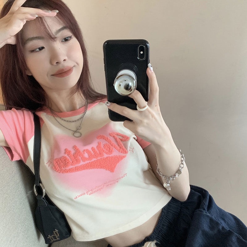 Red 2023 musim panas baru gaya keinginan murni manis hot gadis slim fit pendek lengan pendek T-shirt wanita chic all-match in top