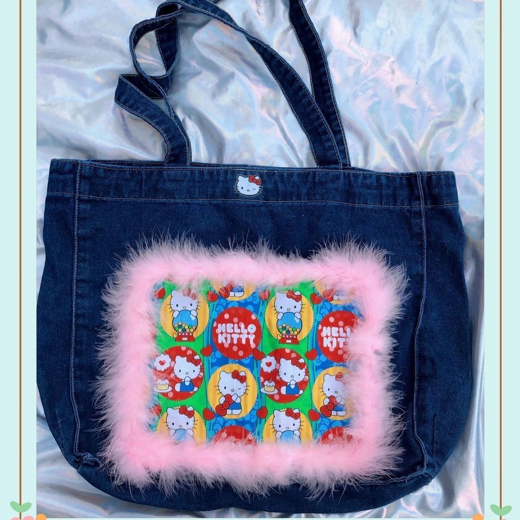 ❈▽Sera  Asli Buatan Tangan Y2K Millennium Spice Girl Retro Cute Hello Kitty Denim Mewah Kapasitas Besar Tas Bahu Kitty