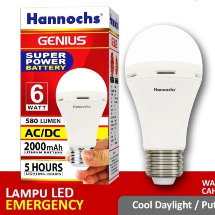 lampu HANNOCHS LAMPU EMERGENCY LED AC/DC GENIUS 6W 8W 10W 12W 15W PUTIH - 6W(E6E4) best seller lampu