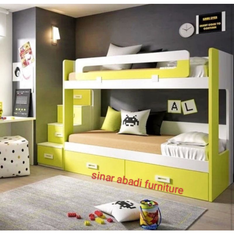 tempat tidur anak tingkat+tangga laci+2laci bawah kasur size 100×200×180