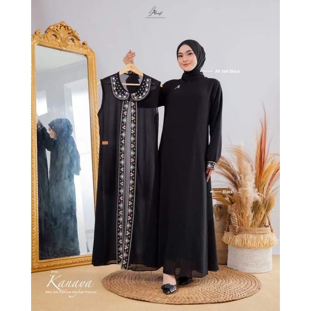 Dress Kanaya Arrafi - Gaun Panjang Gamis Voal Premium Outer Babydoll Bordir cantik Anggun Warna Hita