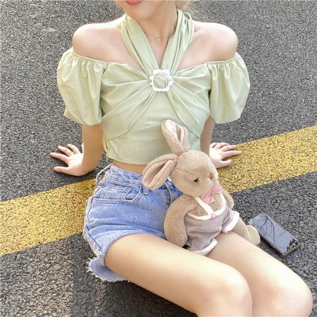 Red Student matcha sweetie~retro French court style puff sleeve design sense hanging neck short shirt top female summer