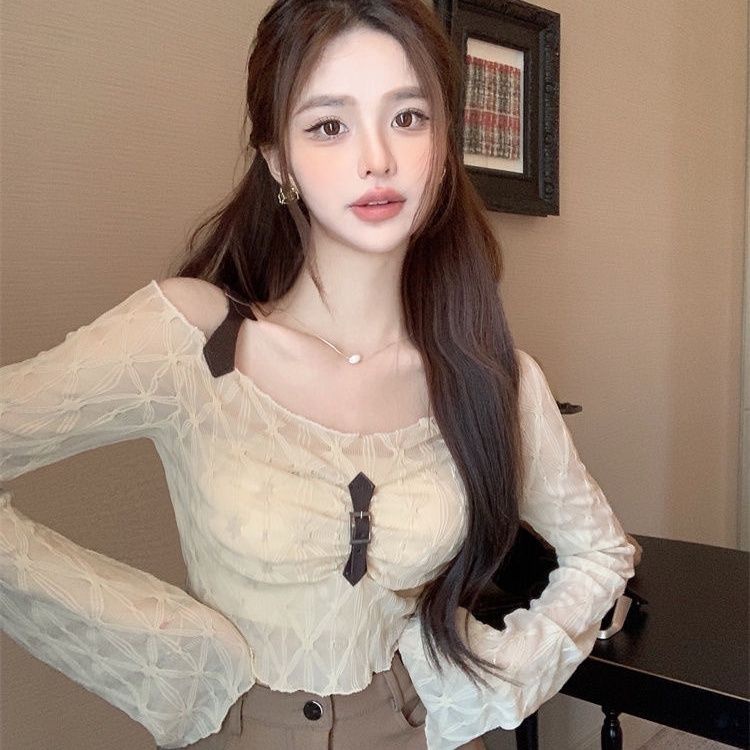 Red LRUPPG one-shoulder babes wear wanita musim panas pendek slim-fit t-shirt lengan panjang strapless strapless bottoming shirt top