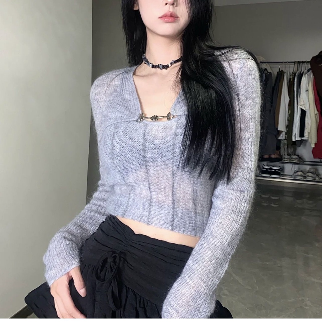 Red Jas dua potong/satu potong musim semi baru slim-fit rajutan sweater bertali selendang wanita Perancis pendek chic top