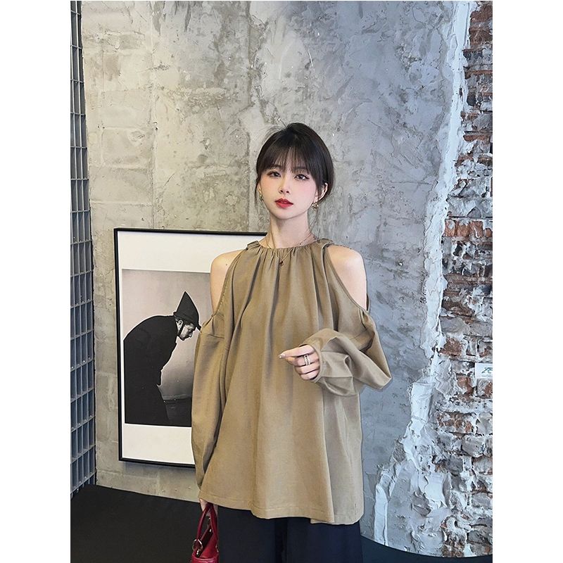 Red Ou Nixue Prancis Asli Temperamen Khaki Off-The-Shoulder Lengan Panjang Kemeja Wanita Memotong Bahu Desain kemeja Gaya Asing Atasan Kemeja