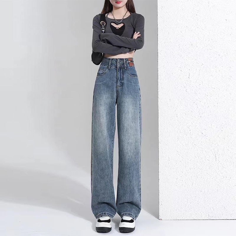 Red Celana jeans kaki lebar berpinggang tinggi wanita 2023 musim semi dan musim panas baru kaki lurus longgar versi ramping dan sempit menggantungkan celana mengepel lantai