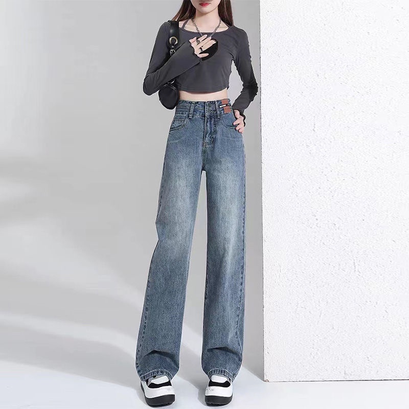 Red Celana jeans kaki lebar berpinggang tinggi wanita 2023 musim semi dan musim panas baru kaki lurus longgar versi ramping dan sempit menggantungkan celana mengepel lantai