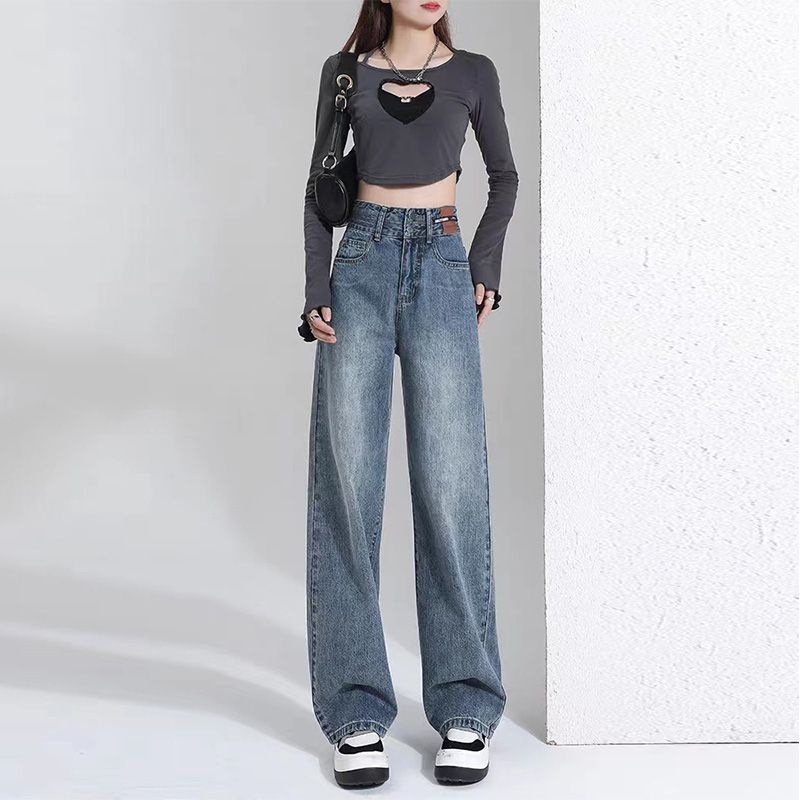 Red Celana jeans kaki lebar berpinggang tinggi wanita 2023 musim semi dan musim panas baru kaki lurus longgar versi ramping dan sempit menggantungkan celana mengepel lantai