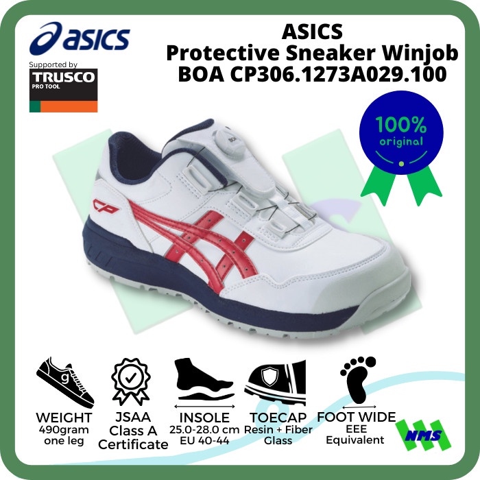 Terlaris Sepatu Safety Asics Cp306 Boa 1273A029.100 Putih X Merah 195-1743 Ori