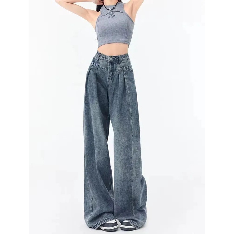 Red American retro high-waisted wide-leg jeans wanita musim semi dan musim panas longgar tabung lurus tipis berbentuk buah pir sosok malas mengepel lantai