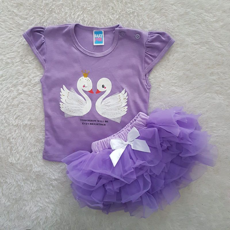 BAJU Bayi Kaos swan tutu pendek set