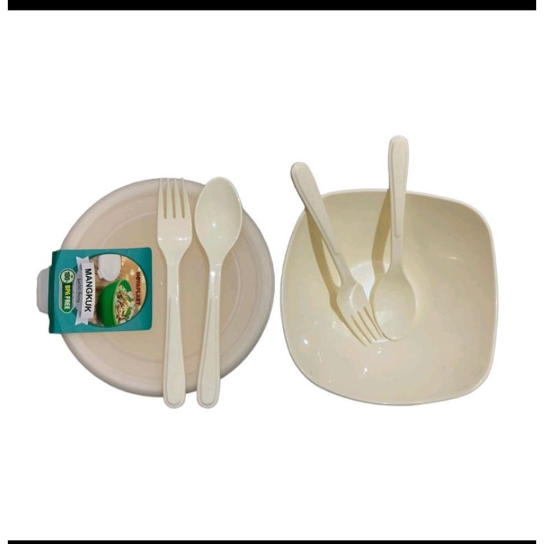 (keluargastore)Paket bekal HOYAPLAST tebal BPA FREE ( 1 pcs mangkok tutup + 1 pcs mangkok gelombang + 2 pcs garpu + 2 pcs sendok HOYAPLAST)