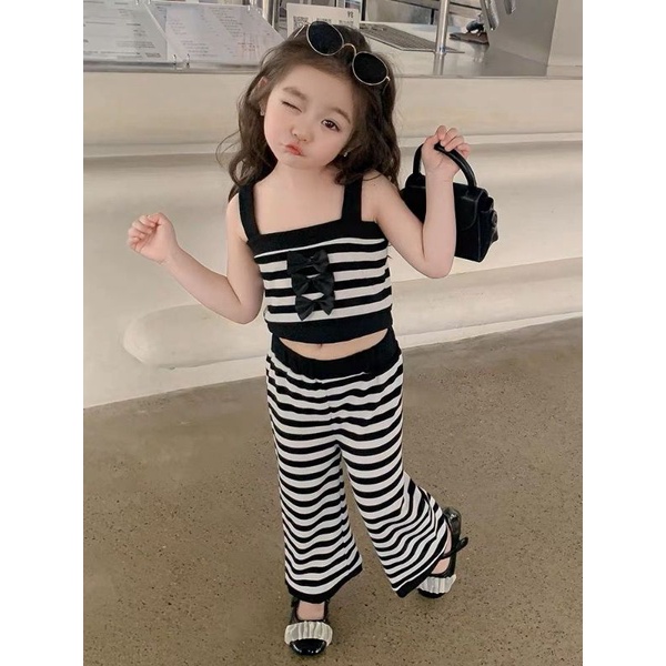 JS22 Setelan crop anak perempuan atasan tanpa lengan garis garis pita celana panjang kulot  / baju a