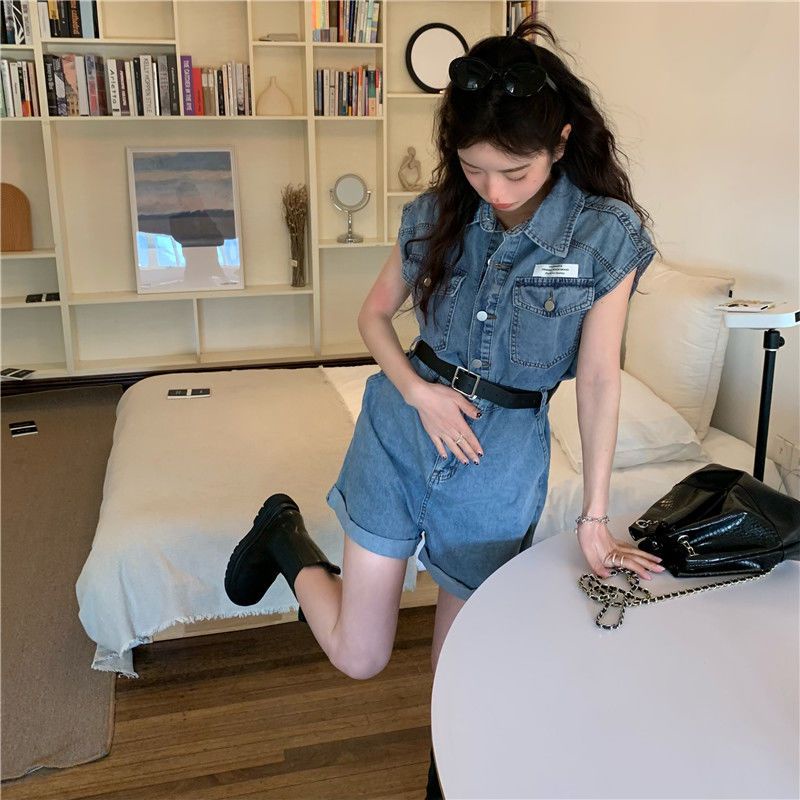 Red Perkakas denim jumpsuit wanita musim panas gaya gadis longgar celana lebar kaki celana pendek jumpsuit tanpa lengan retro setelan trendi