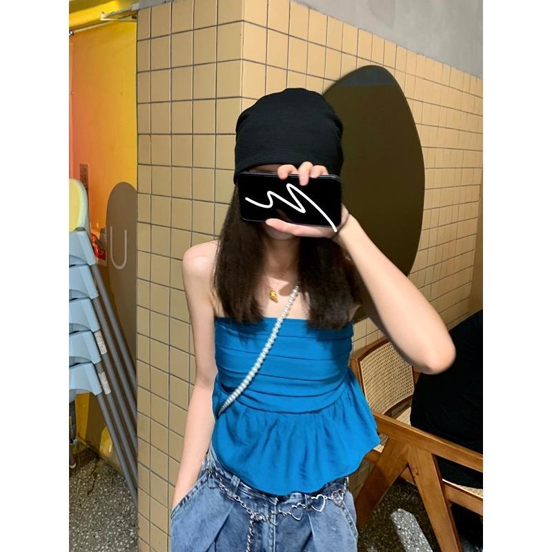 Red Musim Panas 2021 Versi Korea Baru Temperamen Tanpa Tali Kamisol Seksi Tulang Selangka Kemeja Bottoming Warna Solid Atasan Lipit