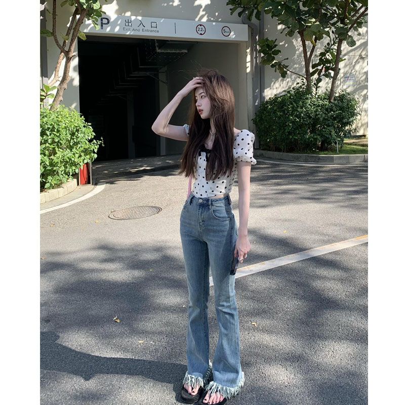 Red Spice Girls Sweet Chiffon Kemeja Wanita 2023 Musim Panas Baru Keinginan Murni Gaya Murah Hati Kerah Puff Lengan Polka Dot Atasan Kemeja wanita