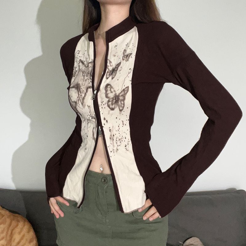 Red Retro Mekar Kupu-kupu Bintang Cetak Jahitan Lengan Ritsleting Lengan Panjang T-shirt Wanita Musim Gugur Rasa Desain Pinggang Slimming Top