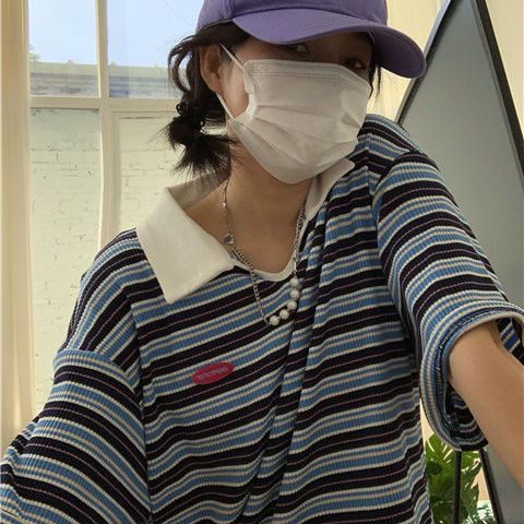 Red 2023 Musim Panas Baru Bergaris Kerah POLO Lengan Pendek T-shirt Wanita Versi Korea Ins Gaya Malas Longgar Atasan All-Match