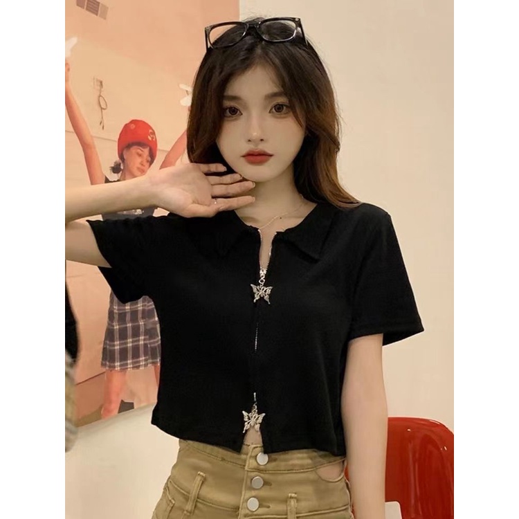 Red Musim Panas Baru Kupu-kupu Ritsleting Ganda Keinginan Murni Polo Kerah T-shirt Fashion Manis Slim Slim Desain Top Wanita