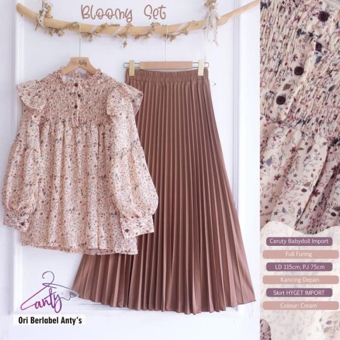Baju Setelan Wanita Muslim Bloomy Set Rok Remaja Cewek Modern Terbaru