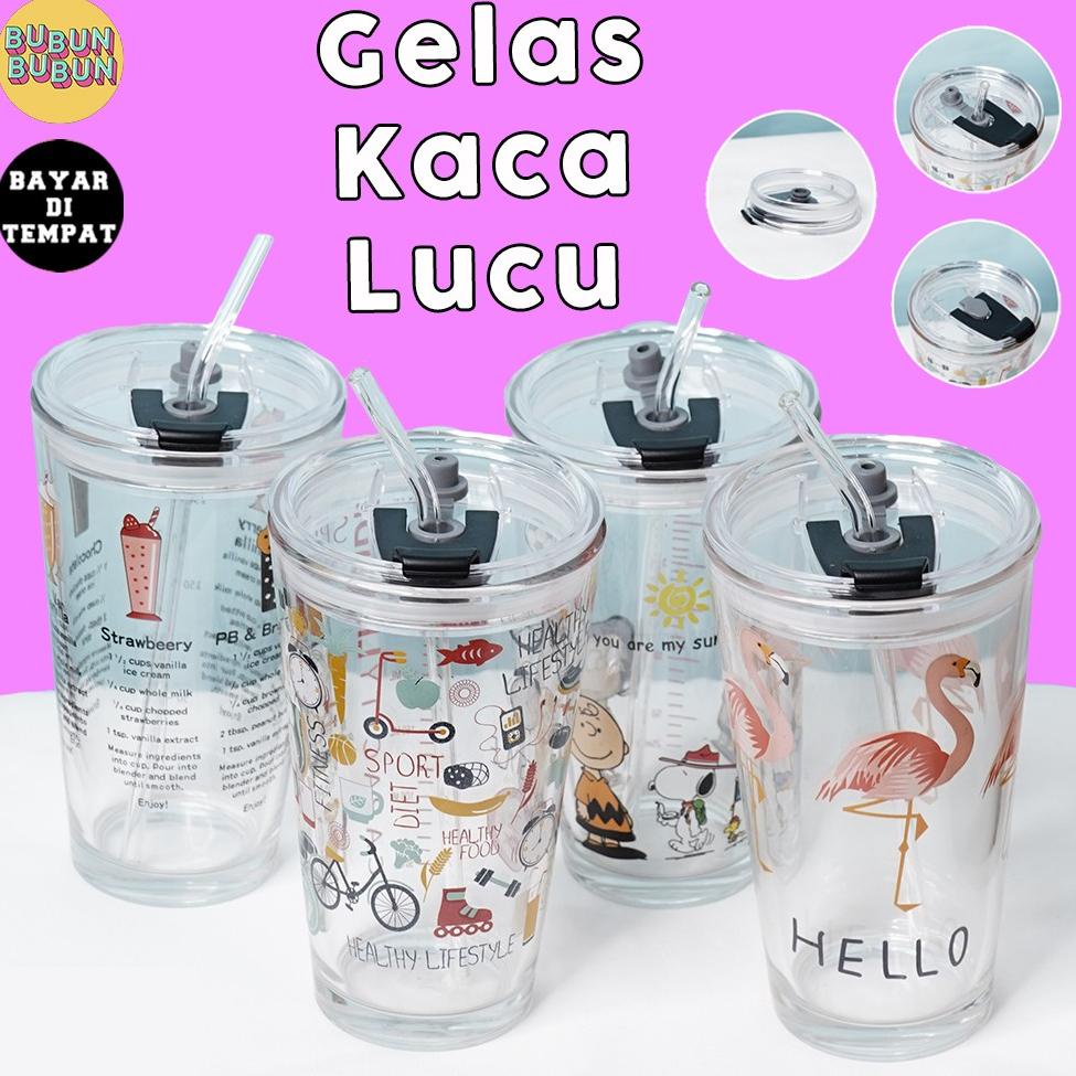 Original  Gelas Mug Kaca Beling Sedotan Karakter 450 ML / Gelas Mug Sedotan Kaca Tutup Bening Lucu A