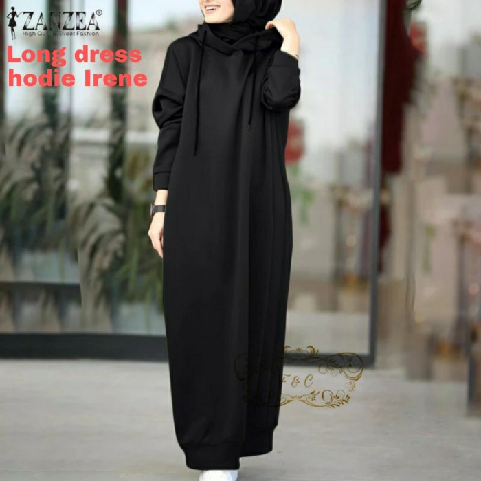 Dress Lengan Panjang  IRENE-LONG HODIE MUSLIM POLOS - Hitam L ikat pinggang viral bahan combed batik