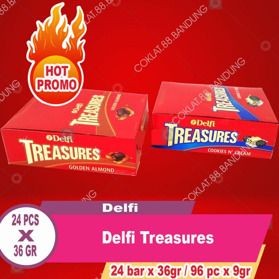 

DISKON !! DELFI TREASURE BOX ISI 24 BAR X 36GR GOLDEN ALMOND COKELAT, COKLAT DELFI TREASURES COOKIES CREAM 24 PAK 96 PCS X 9 GRAM KILOAN [KODE 05]