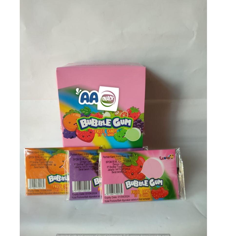 

DISCOUNT !!! BUBBLE GUM AMPLOP MIX FRUITS LUVMI ISI 30 X 12GR [KODE 7]