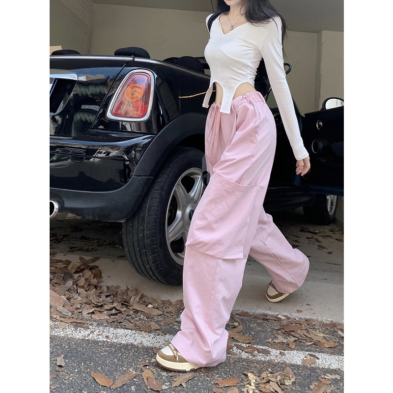 ﹊✧☾#COD Suhao sweet cool hot girl American retro tooling casual pants women s spring pink high waist loose straight wide leg pants trousers