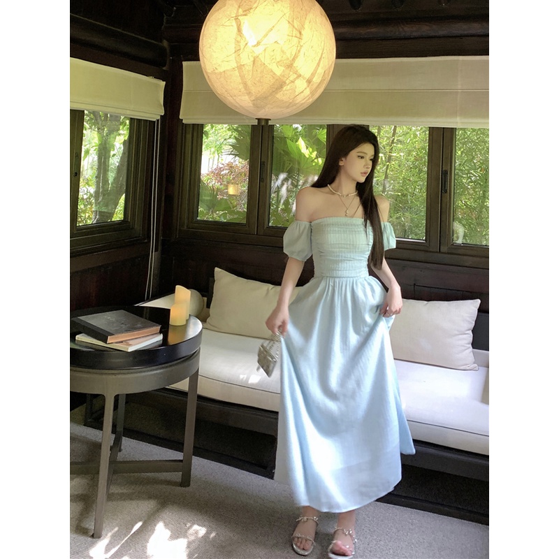 ❁∋┅Musim panas seksi one-shoulder tube top dress peri pinggang slim blue mid-length skirt rok temperamen lembut