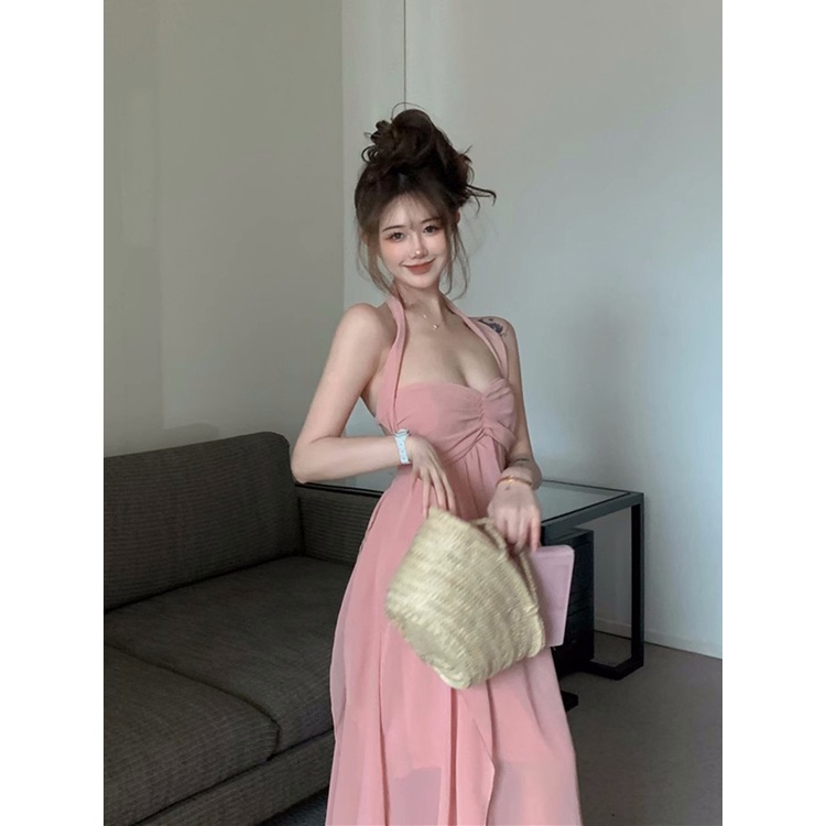 ♚○✽Putih one-shoulder halter neck tube top gaun peri musim panas murni keinginan rok tidak teratur high-end a-line rok panjang