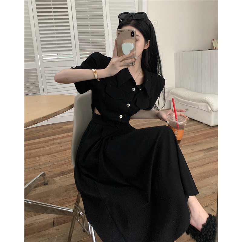 ✱◆Gaun hitam gaya perancis wanita musim panas adik kerajaan gaya pinggang pinggang kualitas udara berongga rasa desain rok panjang ramping A-line rok