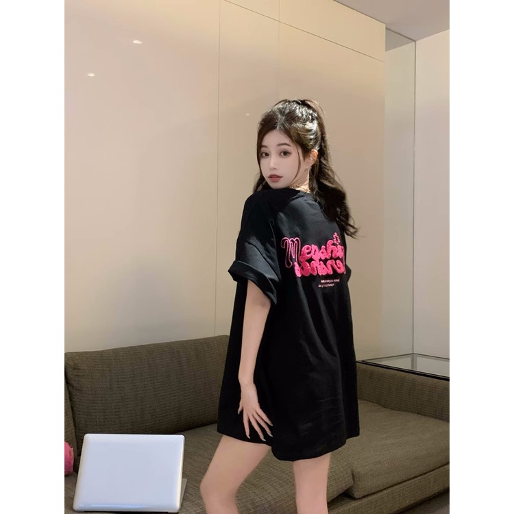 ﹉#COD Suhao Hitam Huruf Bordir Lengan Pendek T-shirt Wanita Musim Panas Desain Niche All-Match Longgar Kasual Panjang Atas