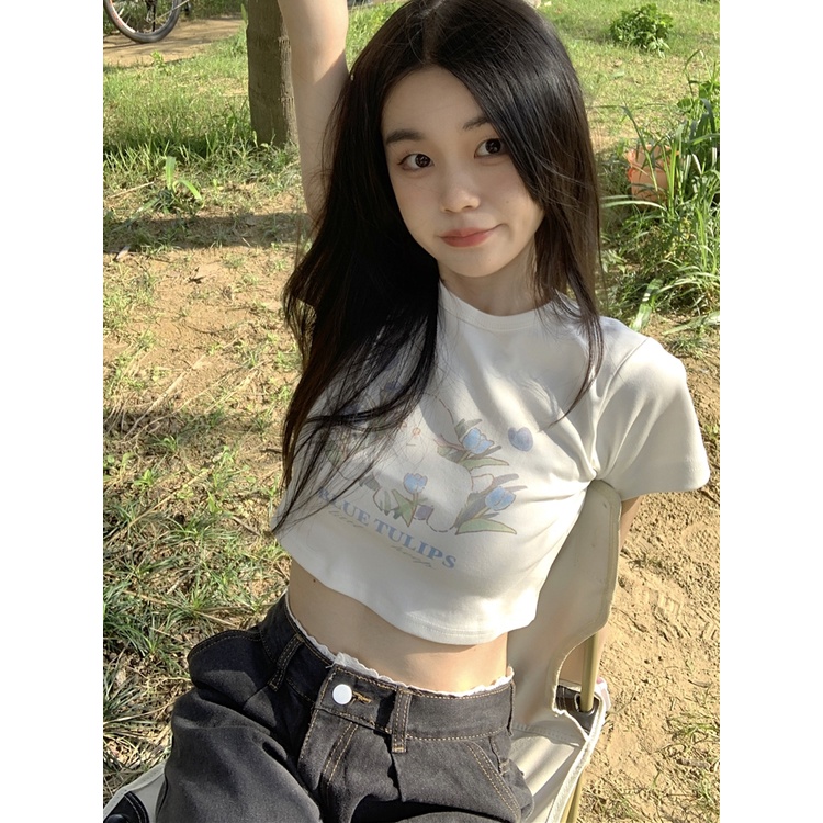 ☼#COD Suhao Pure Desired Sweet Hot Girl Slim Fit Ketat Lengan Pendek T-shirt Wanita Musim Panas 2023 Versi Korea Baru Putih Dicetak Atasan Pendek