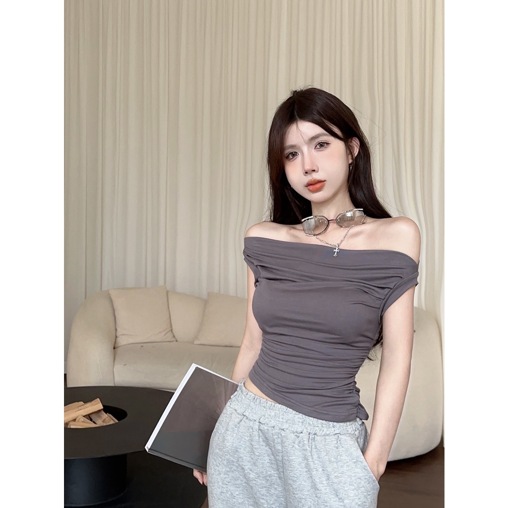 ◎☍۩#COD Suhao hot girl one-shoulder lengan pendek t-shirt wanita musim panas off-the-shoulder lipatan seksi desain chic atasan pendek