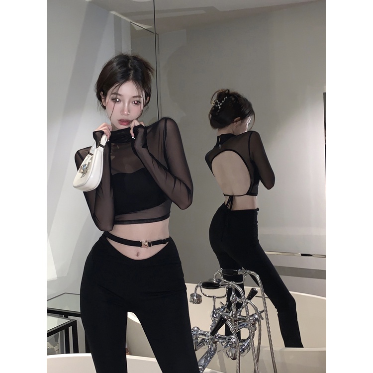 ♣#COD Suhao Pure Desired Mesh T-shirt Wanita Musim Panas Setengah Tinggi Kerah Hitam Hot Gadis Telanjang Seksi Slim Slim lengan Panjang Atasan Pendek