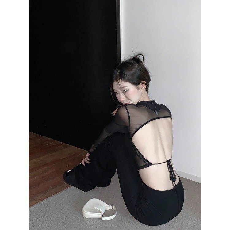 ♣#COD Suhao Pure Desired Mesh T-shirt Wanita Musim Panas Setengah Tinggi Kerah Hitam Hot Gadis Telanjang Seksi Slim Slim lengan Panjang Atasan Pendek