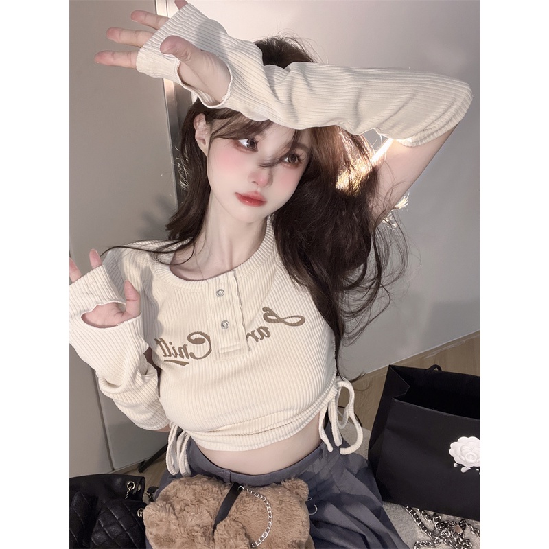 ✾✈☁#COD Suhao hot gadis bahu rajutan lengan pendek T-shirt wanita musim panas 2023 baru bagian pendek tali pusar kecil seksi top